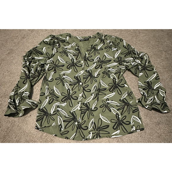 Adrienne Vittadini XL Blouse V-Neck Long Sleeve Ruffle Hem Button Front Green - Picture 6 of 9